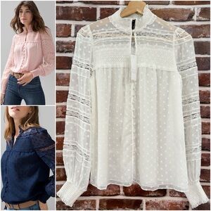 NWT White House Black Market Textured Mixed Lace Blouse in White, Size XXS
